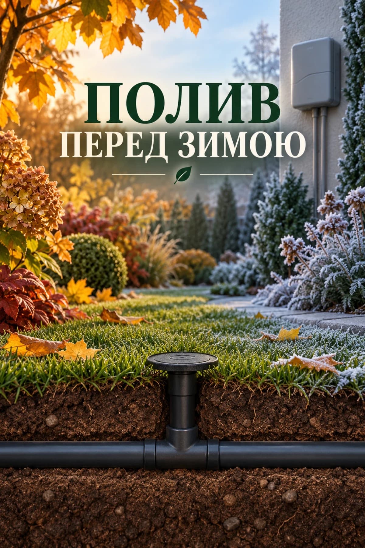 Умовна ілюстрація консервації автополиву: зрошувач і підземна труба в осінньому саду перед морозами, поруч контролер
