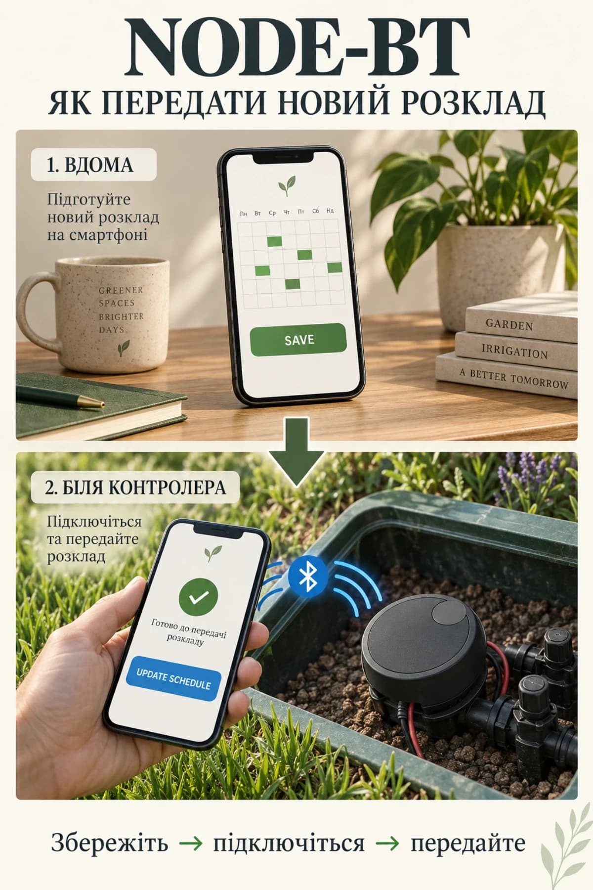 Схема зміни розкладу NODE-BT: збереження на смартфоні вдома та передавання контролеру через Bluetooth на ділянці