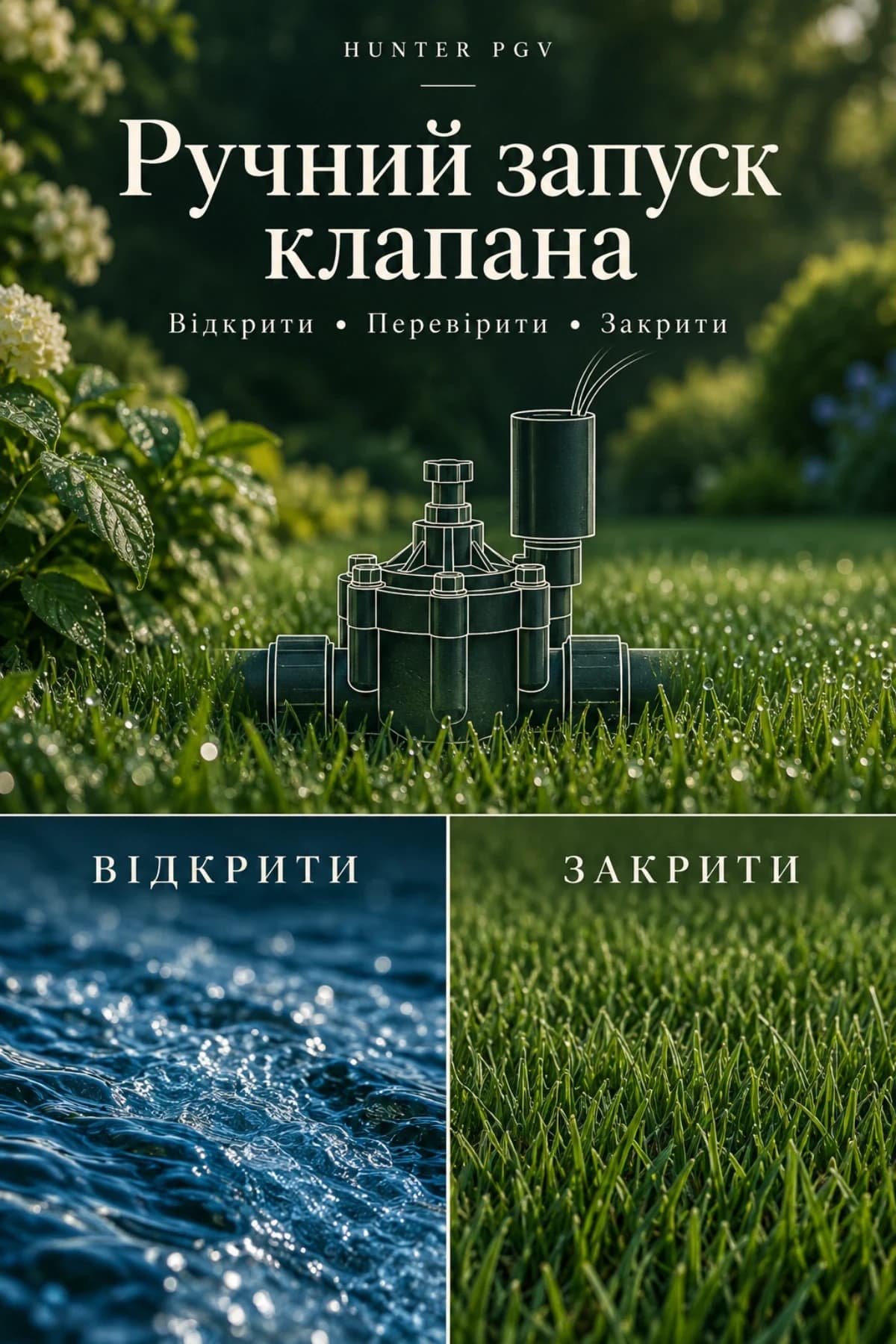 Ручний запуск клапана Hunter PGV: умовна ілюстрація клапана та розділені блоки «Відкрити» і «Закрити»