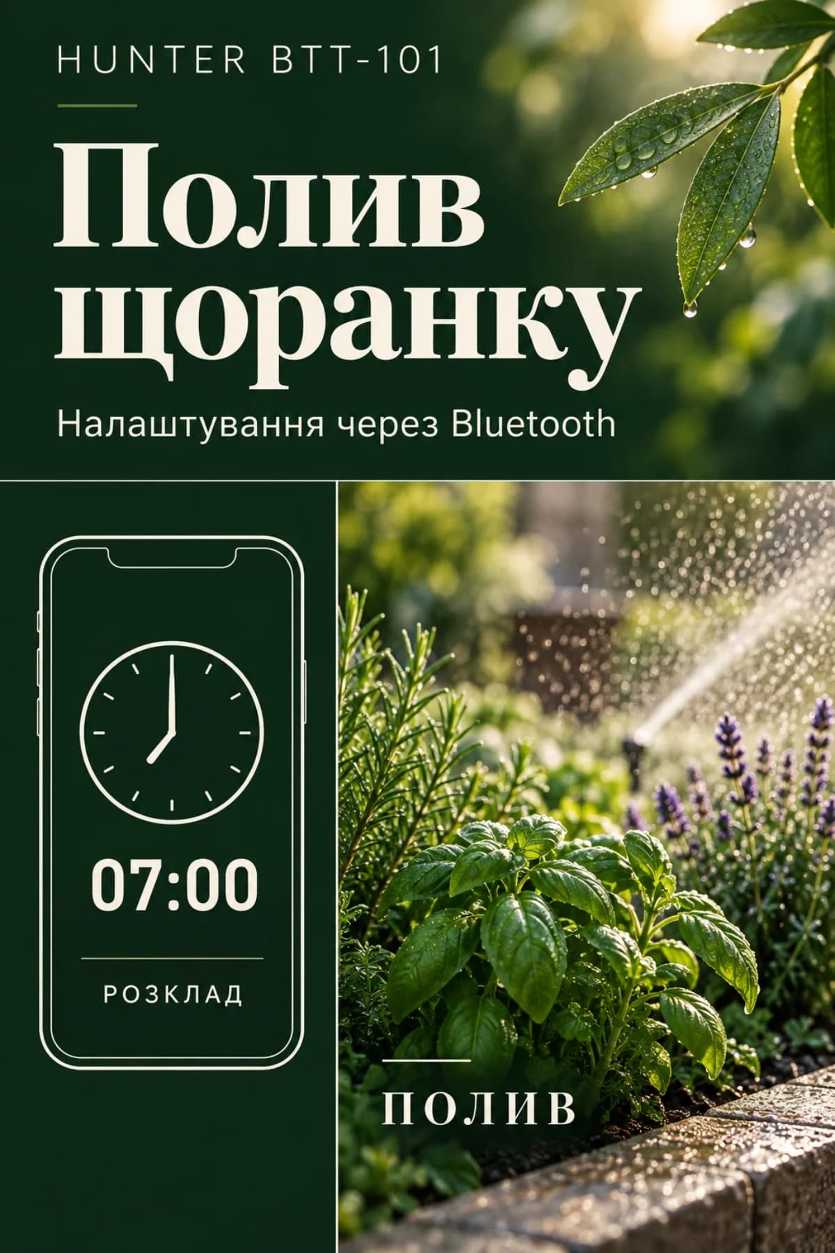 Налаштування ранкового поливу Hunter BTT-101 через Bluetooth: смартфон із часом 07:00 та сад під час зрошення